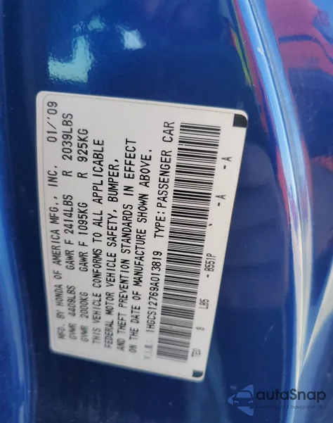 2009 Honda Accord Ex из США, поврежденный, VIN 1HGCS12769A013819